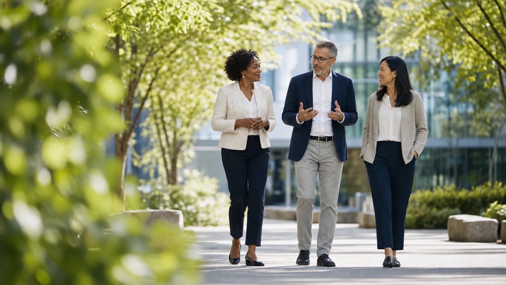Three senior leaders in conversation on a walk