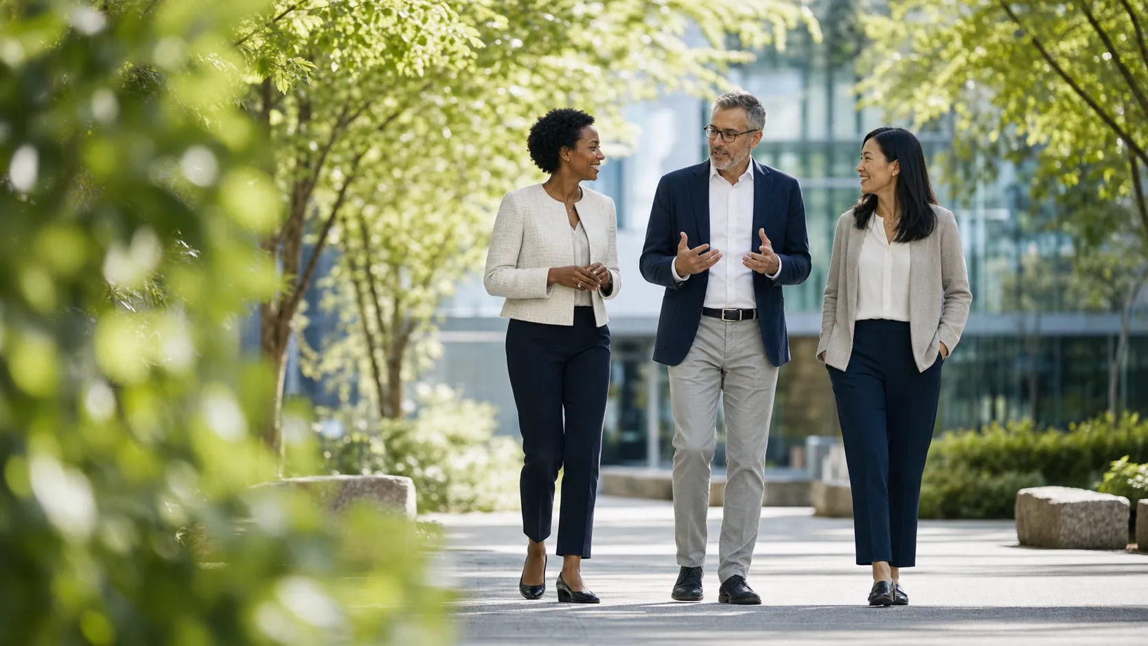 Senior people leaders walking and talking outside a modern office
